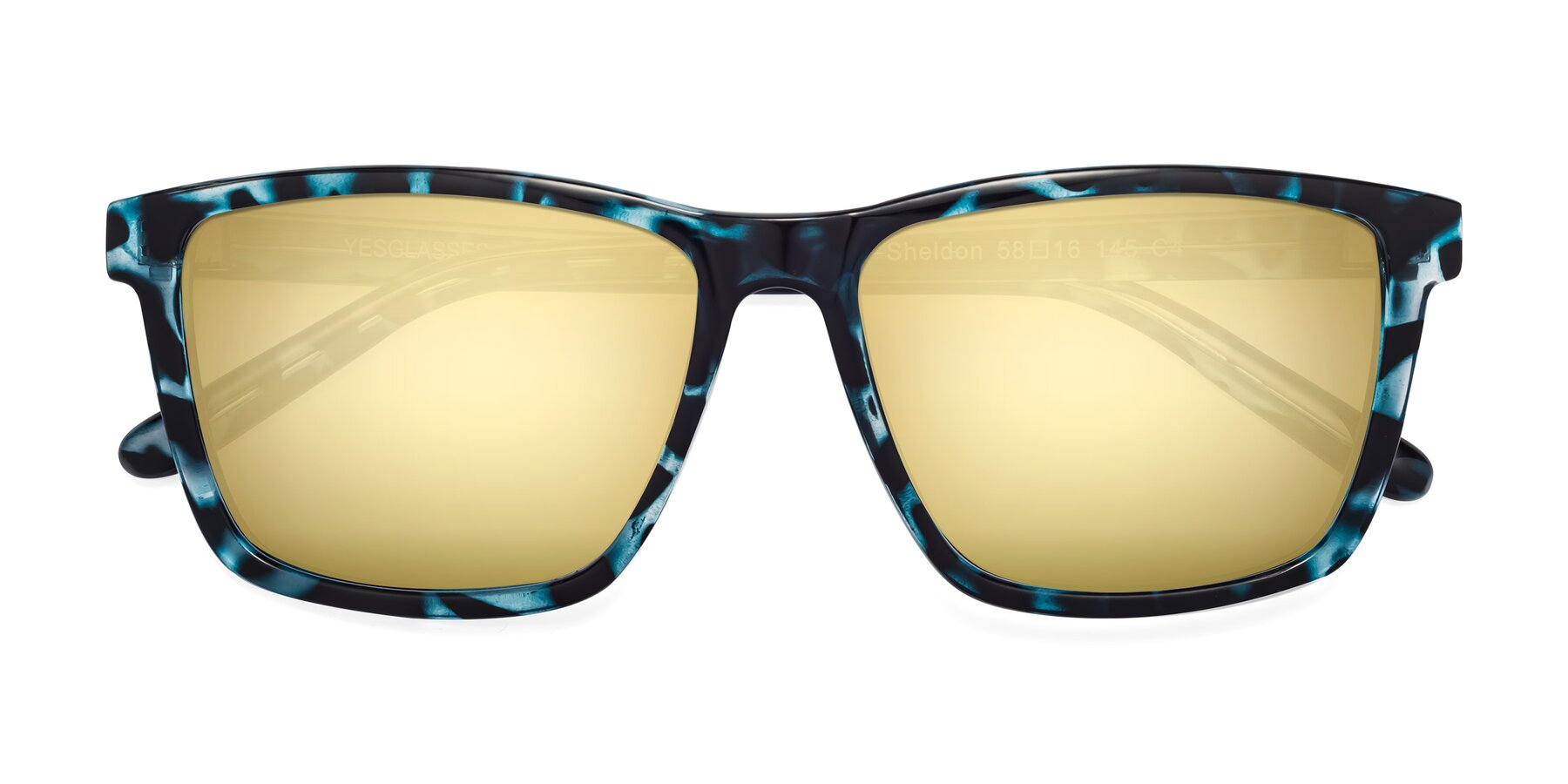 Folded Front of Sheldon in Blue Tortoise with Gold Mirrored Lenses