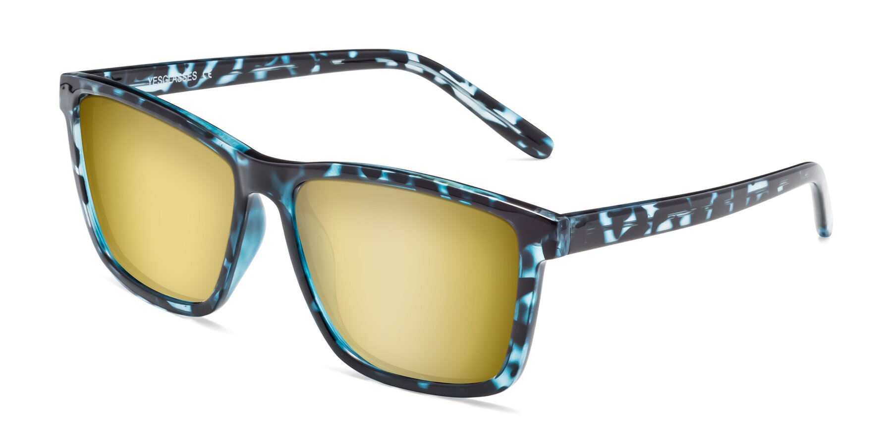 Angle of Sheldon in Blue Tortoise with Gold Mirrored Lenses