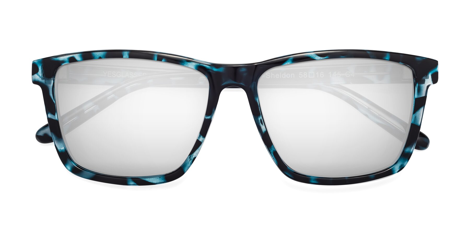 Folded Front of Sheldon in Blue Tortoise with Silver Mirrored Lenses