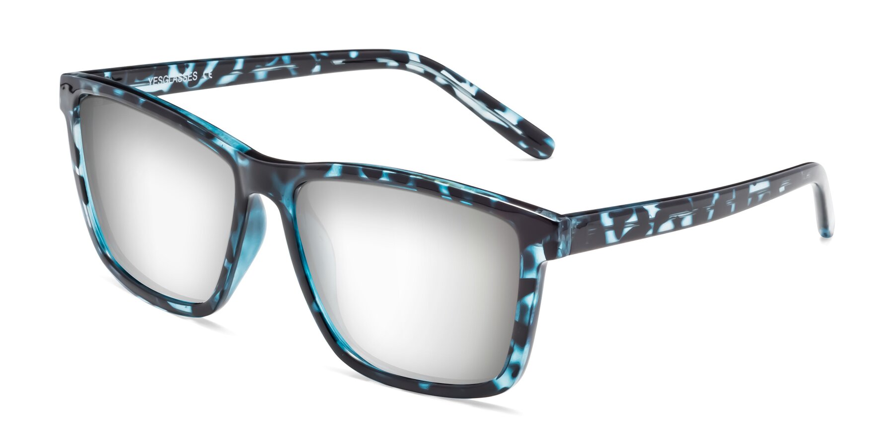 Angle of Sheldon in Blue Tortoise with Silver Mirrored Lenses