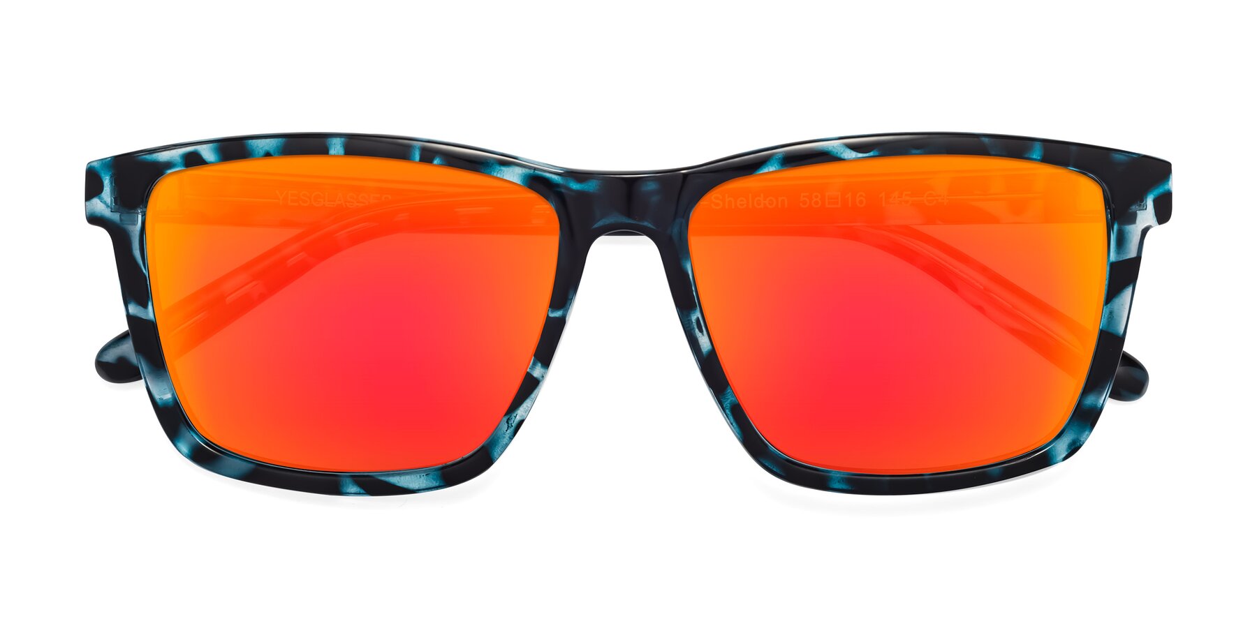 Folded Front of Sheldon in Blue Tortoise with Red Gold Mirrored Lenses