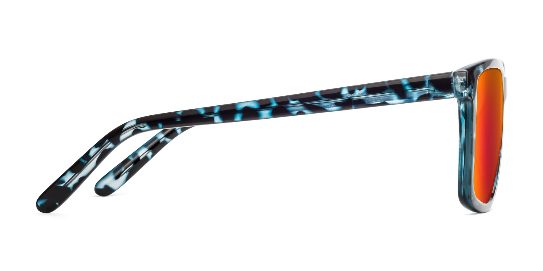 Side of Sheldon in Blue Tortoise with Red Gold Mirrored Lenses