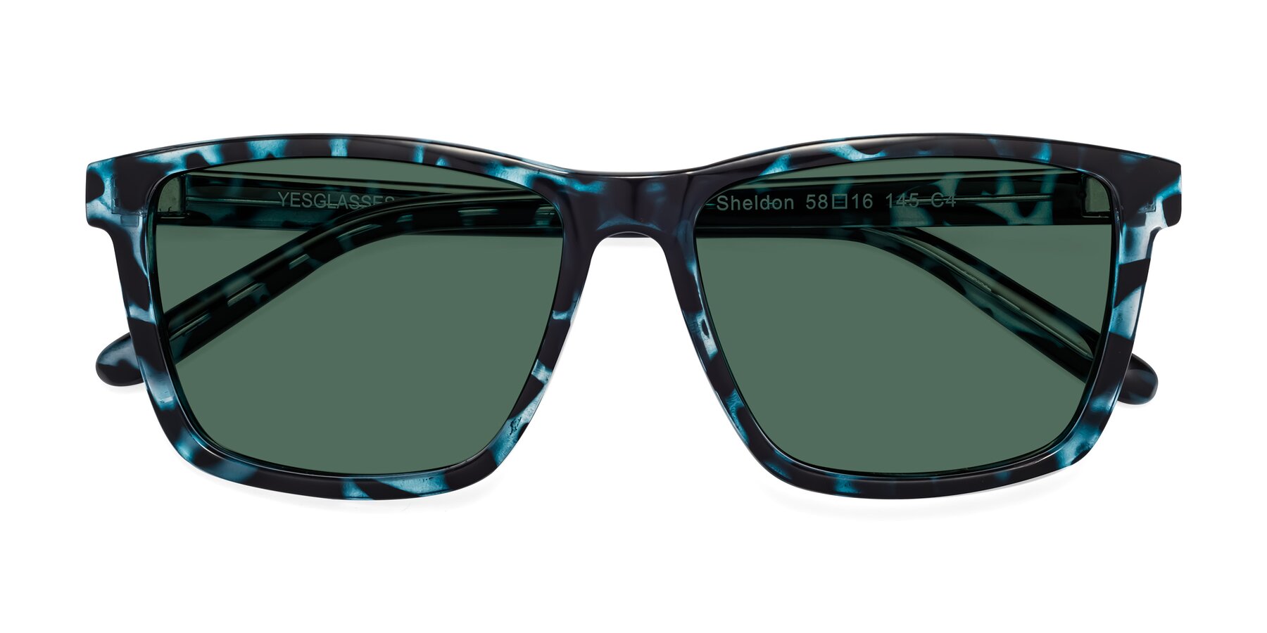 Folded Front of Sheldon in Blue Tortoise with Green Polarized Lenses