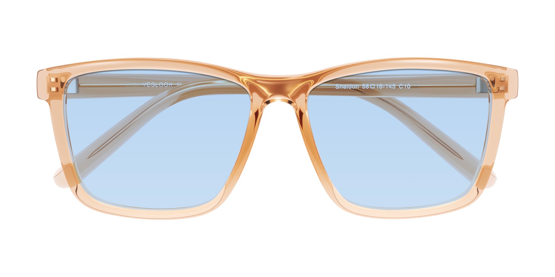 Folded Front of Sheldon in Amber with Light Blue Tinted Lenses
