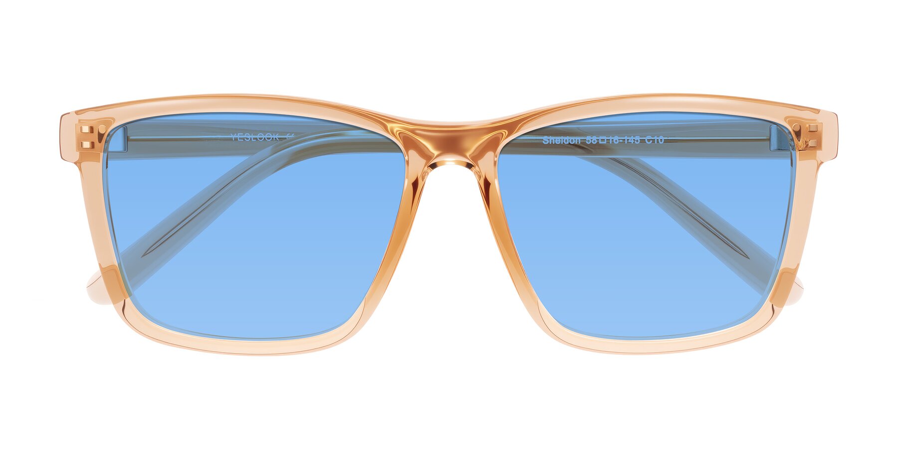 Folded Front of Sheldon in Amber with Medium Blue Tinted Lenses