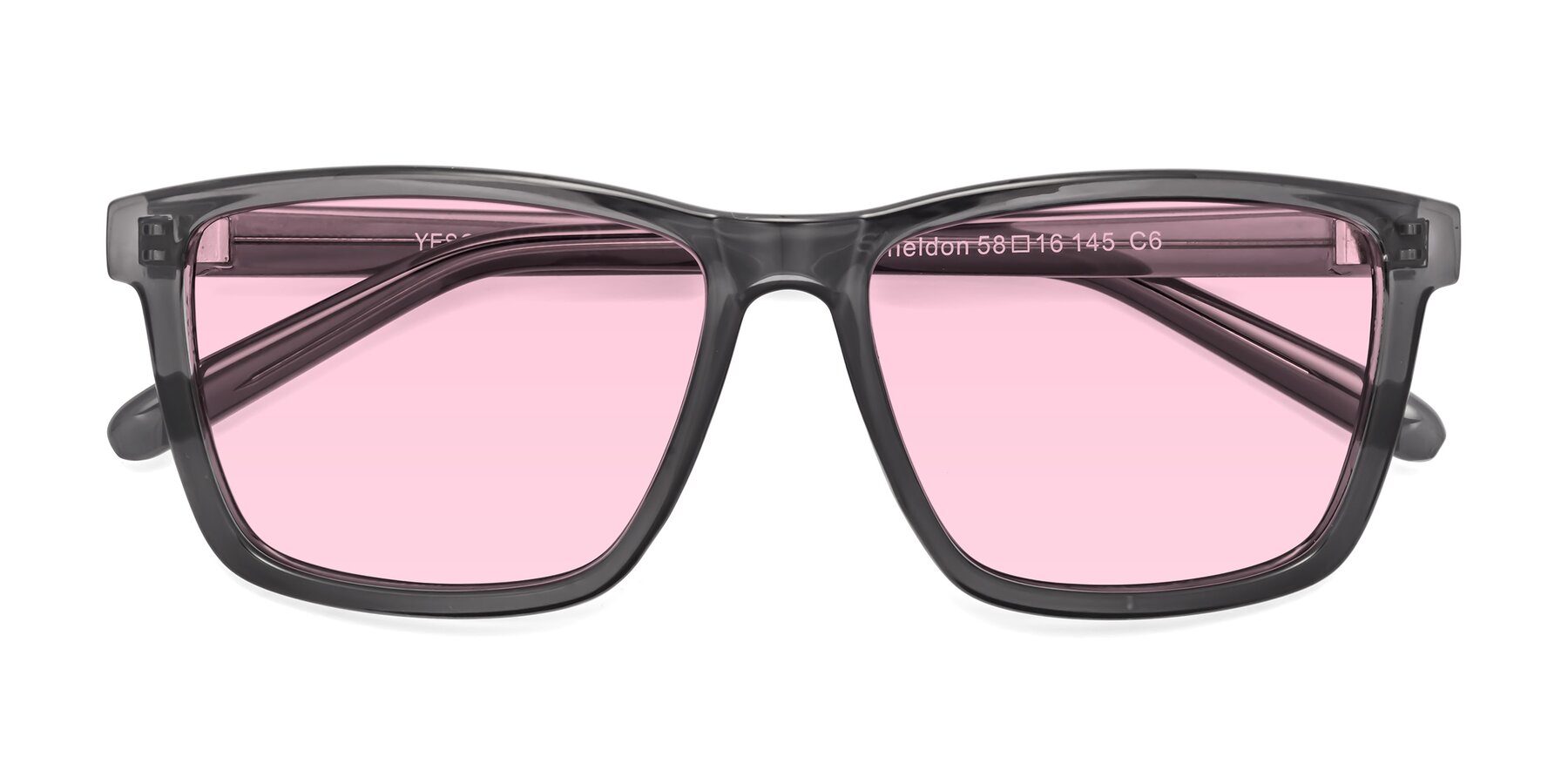 Folded Front of Sheldon in Transparent Gray with Light Pink Tinted Lenses