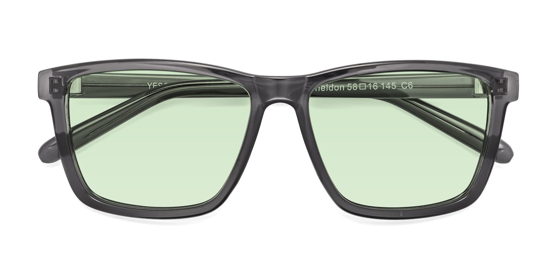 Folded Front of Sheldon in Transparent Gray with Light Green Tinted Lenses