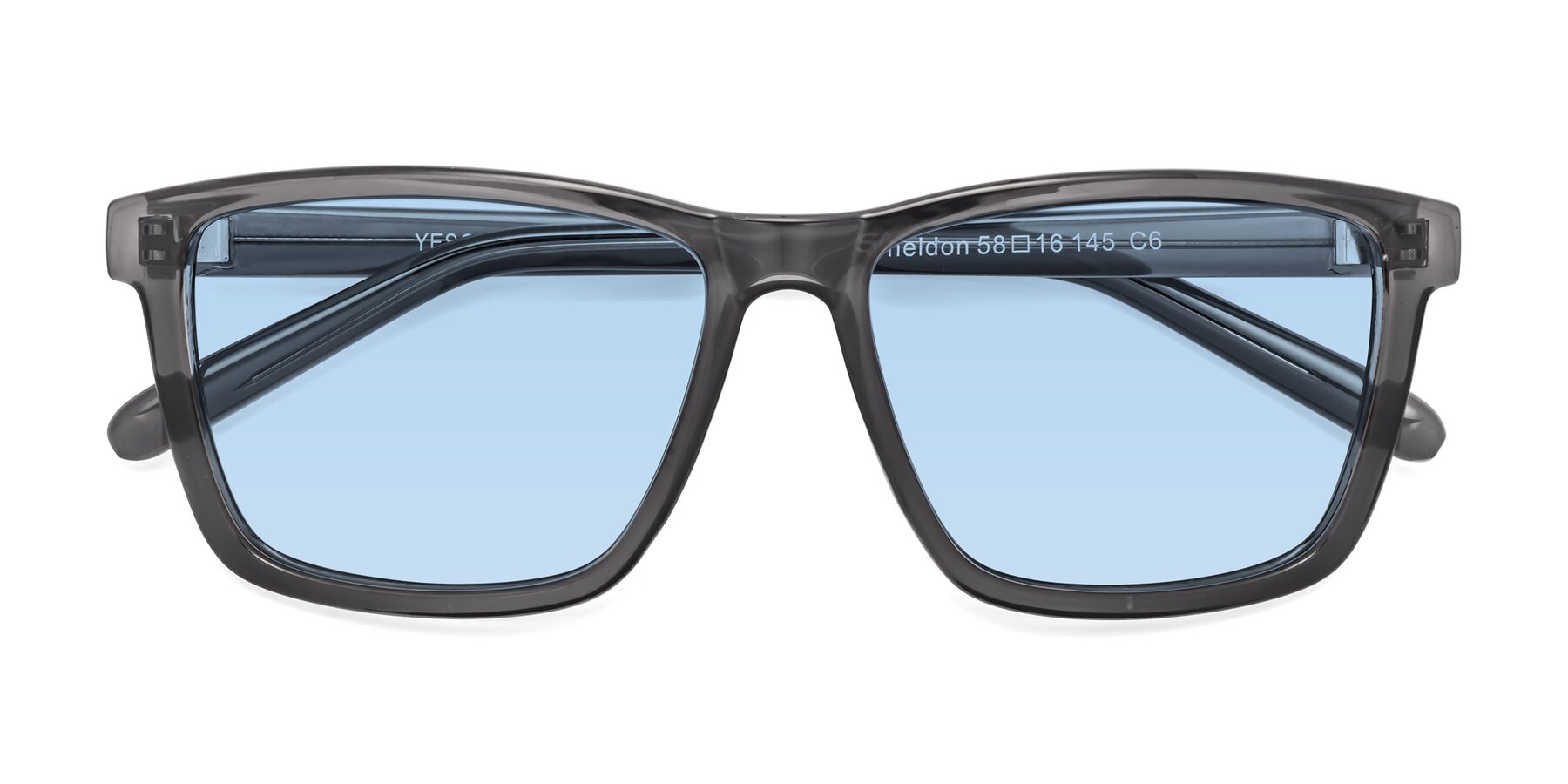 Folded Front of Sheldon in Transparent Gray with Light Blue Tinted Lenses