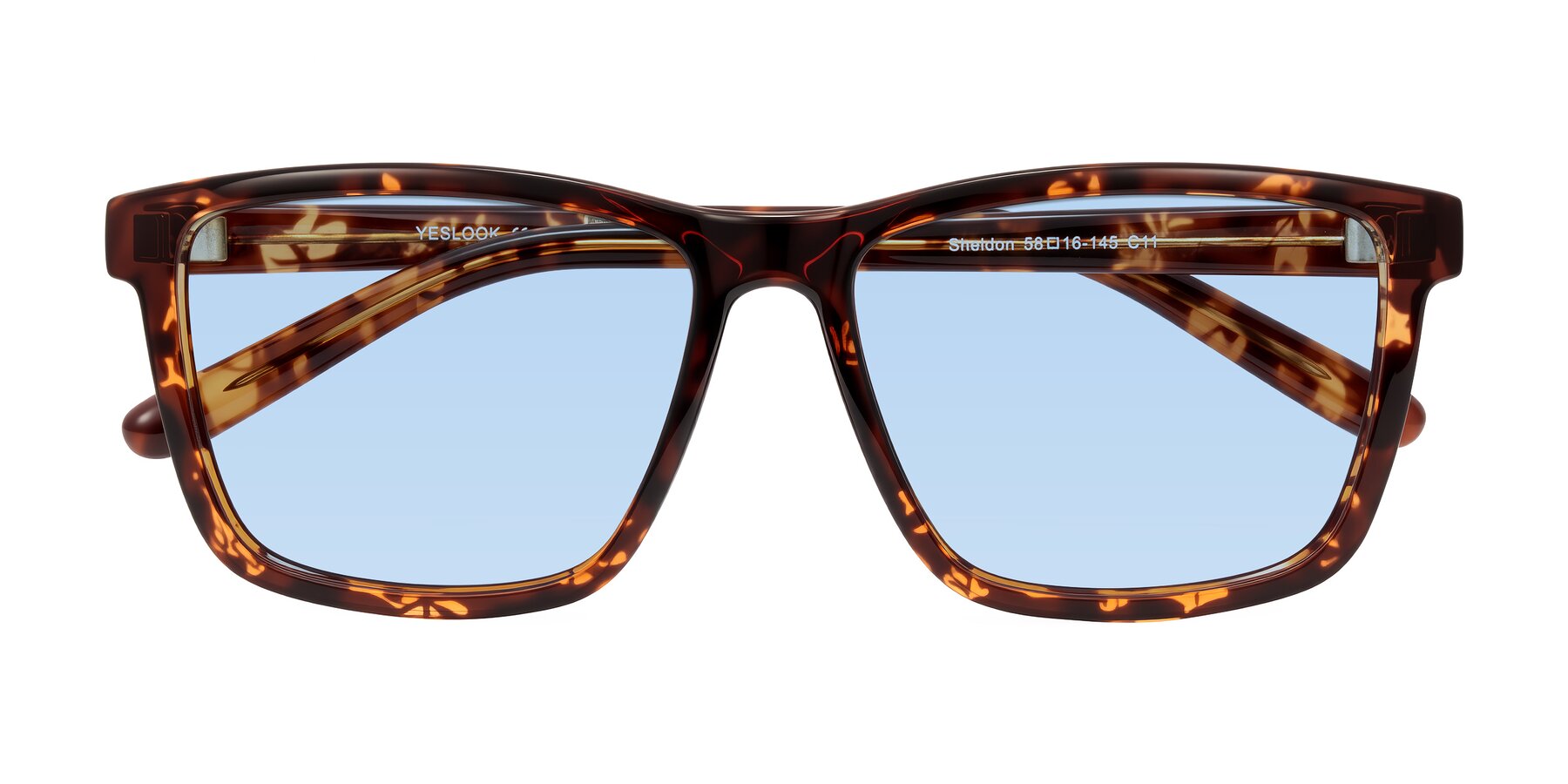 Folded Front of Sheldon in Tortoise with Light Blue Tinted Lenses