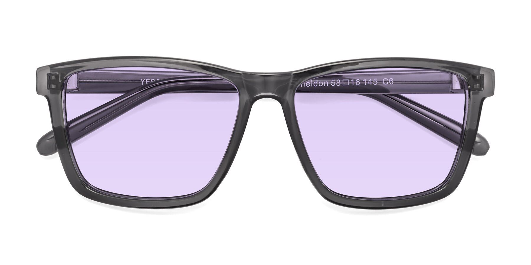 Folded Front of Sheldon in Transparent Gray with Light Purple Tinted Lenses