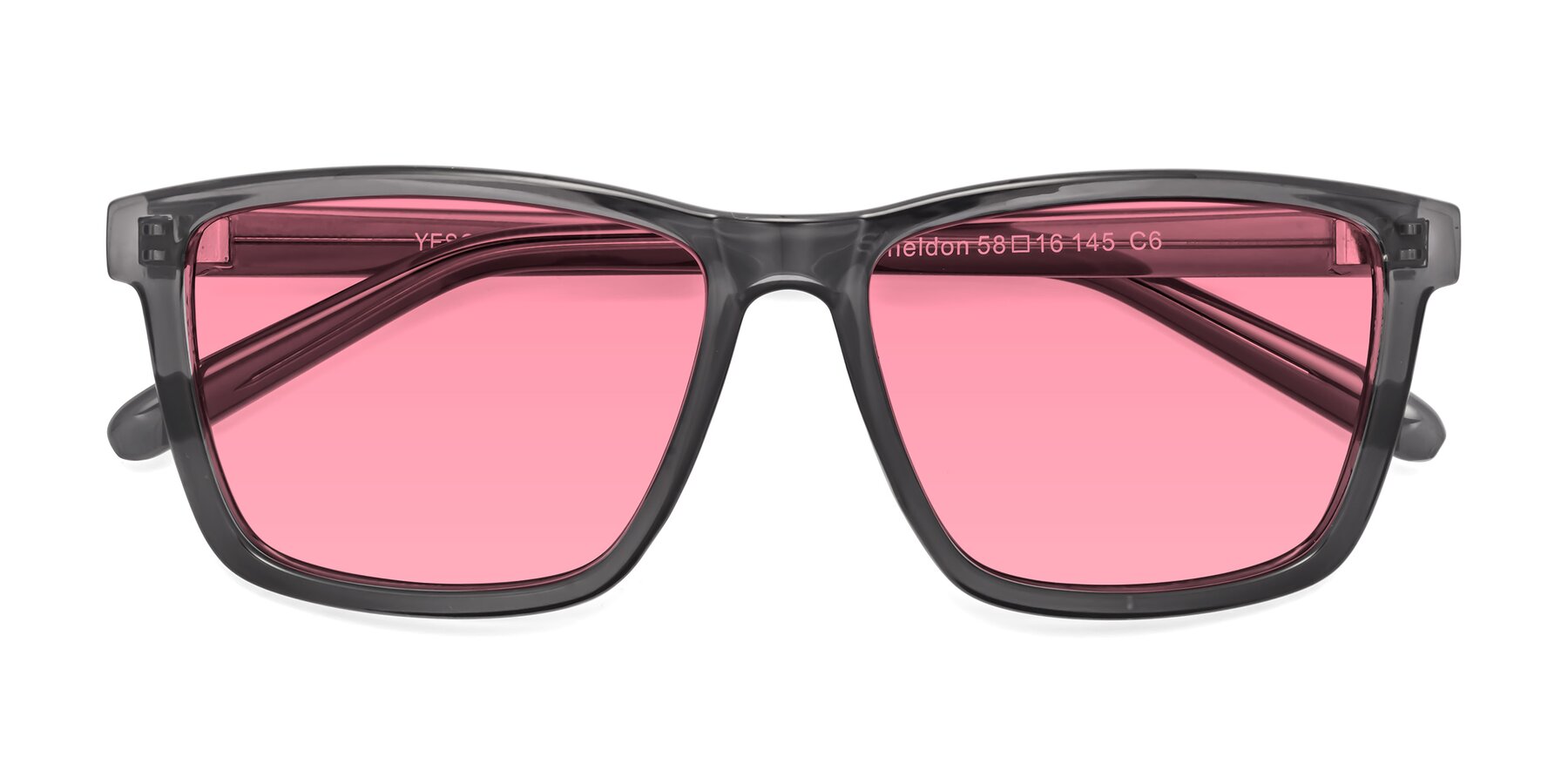 Folded Front of Sheldon in Transparent Gray with Pink Tinted Lenses
