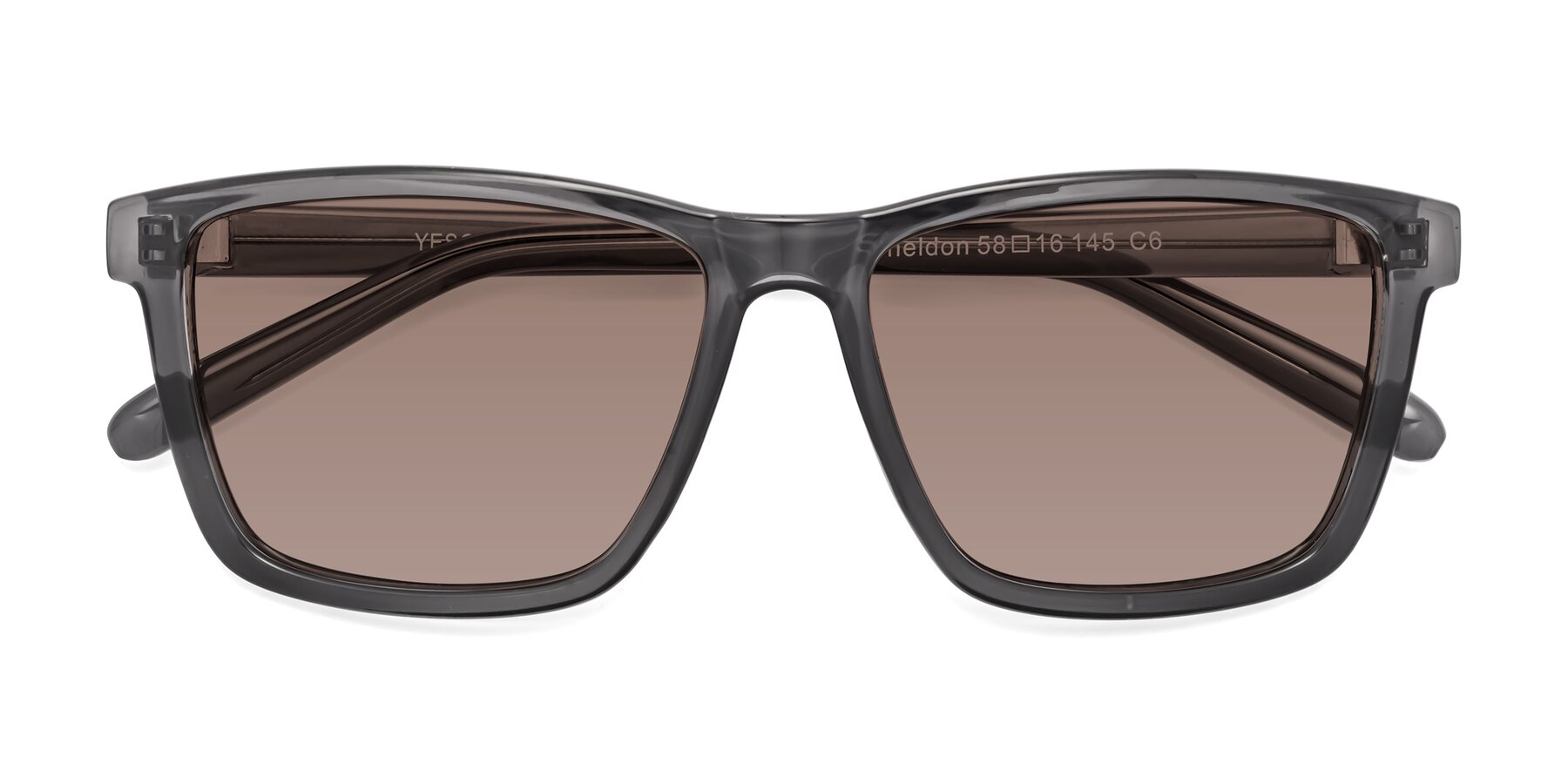 Folded Front of Sheldon in Transparent Gray with Medium Brown Tinted Lenses