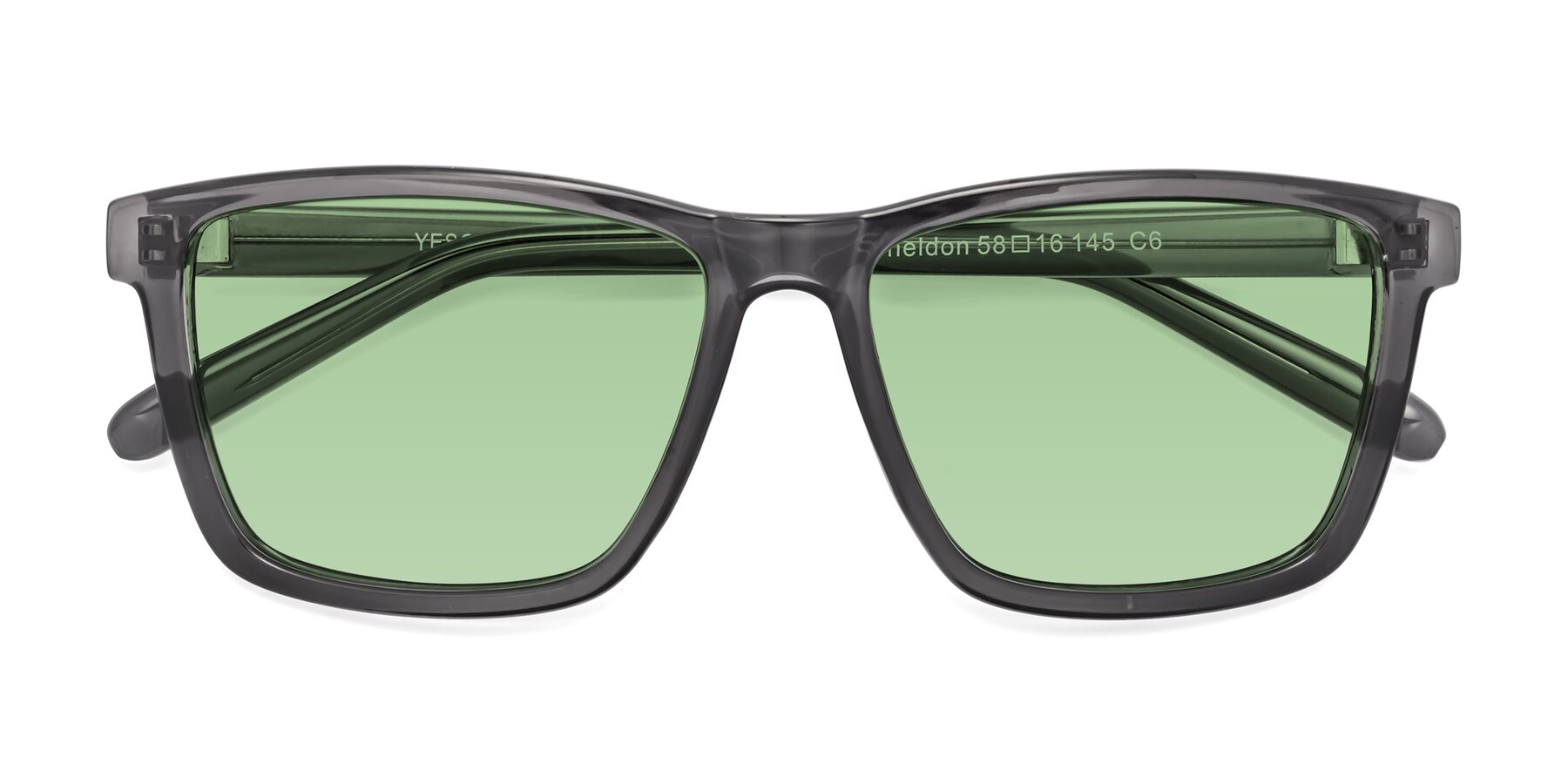 Folded Front of Sheldon in Transparent Gray with Medium Green Tinted Lenses