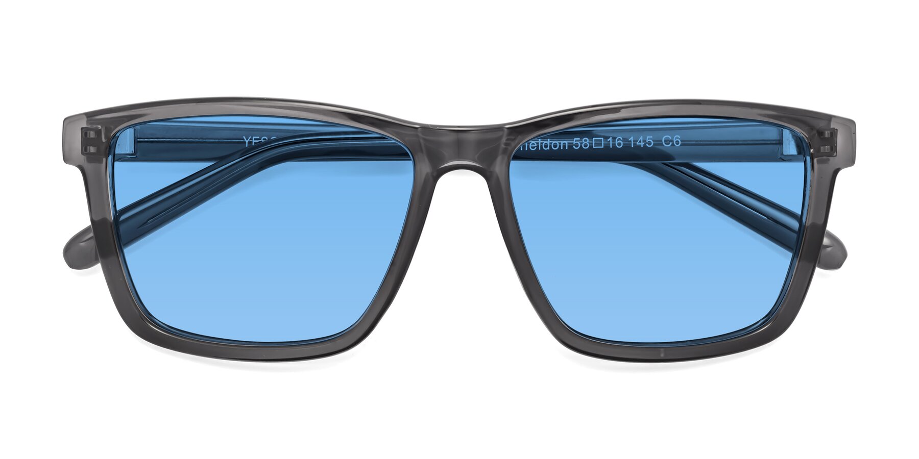 Folded Front of Sheldon in Transparent Gray with Medium Blue Tinted Lenses