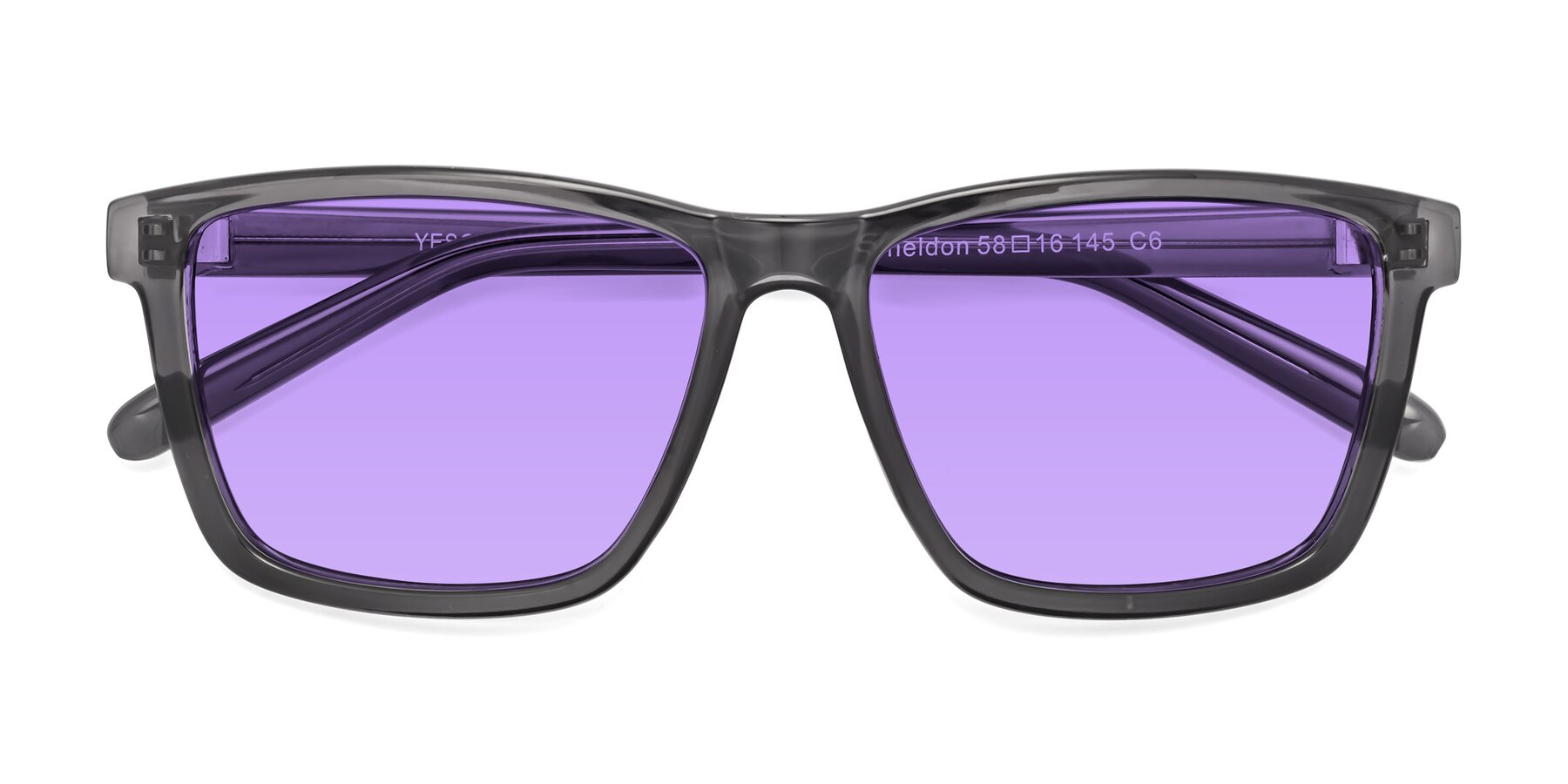 Folded Front of Sheldon in Transparent Gray with Medium Purple Tinted Lenses