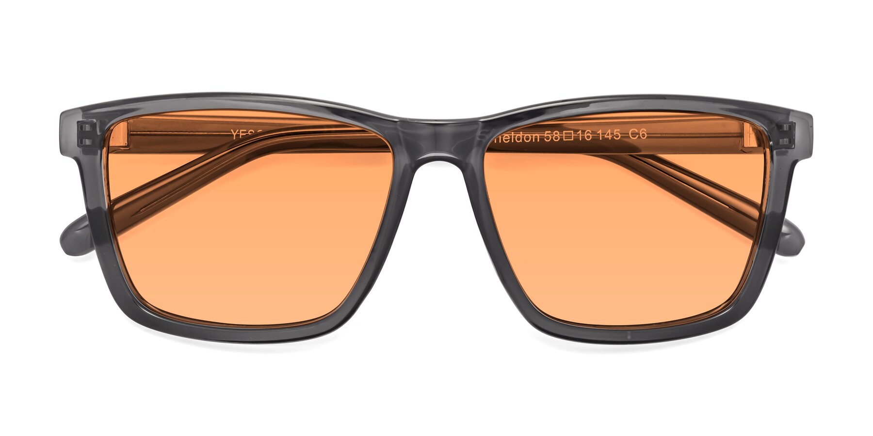 Folded Front of Sheldon in Transparent Gray with Medium Orange Tinted Lenses