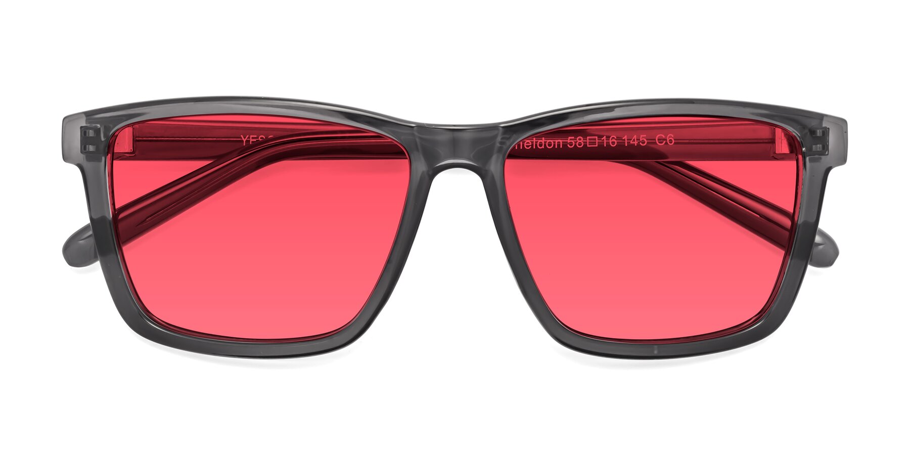 Folded Front of Sheldon in Transparent Gray with Red Tinted Lenses