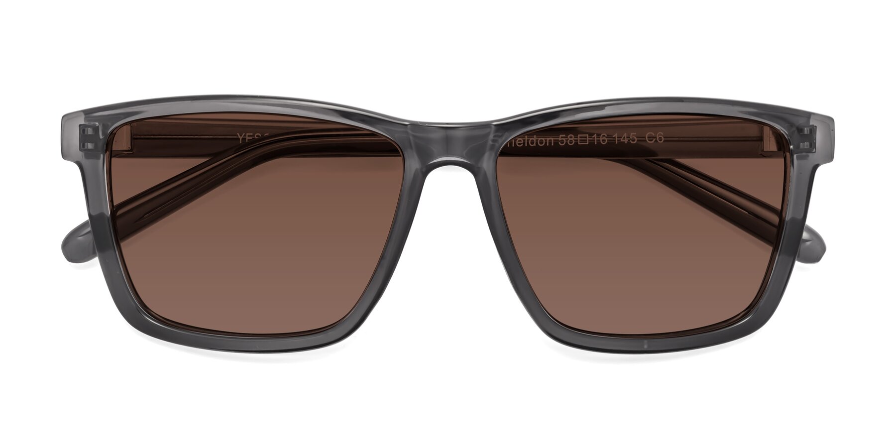 Folded Front of Sheldon in Transparent Gray with Brown Tinted Lenses