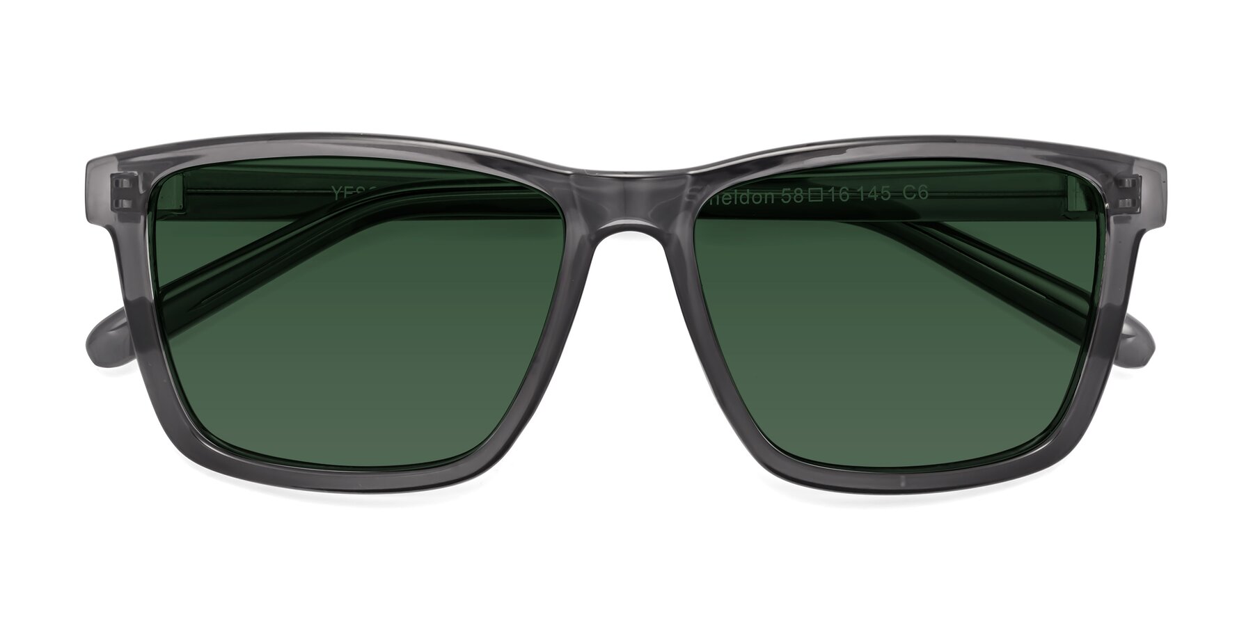 Folded Front of Sheldon in Transparent Gray with Green Tinted Lenses