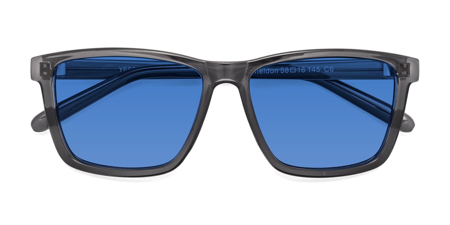 Folded Front of Sheldon in Transparent Gray with Blue Tinted Lenses