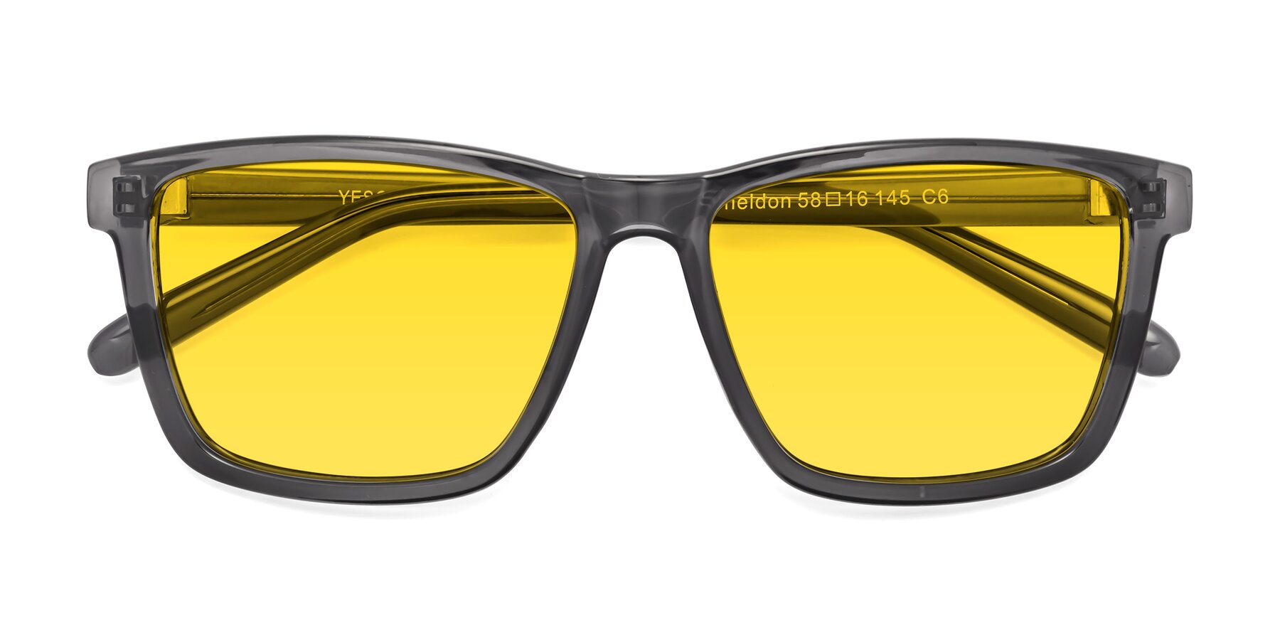 Folded Front of Sheldon in Transparent Gray with Yellow Tinted Lenses
