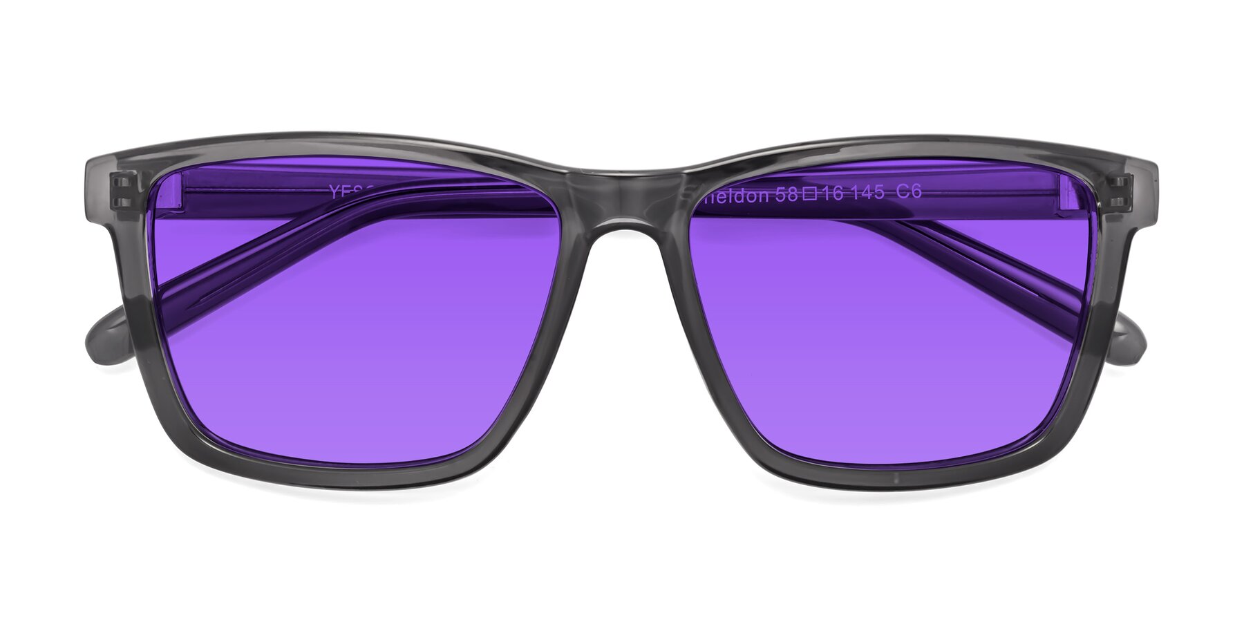 Folded Front of Sheldon in Transparent Gray with Purple Tinted Lenses