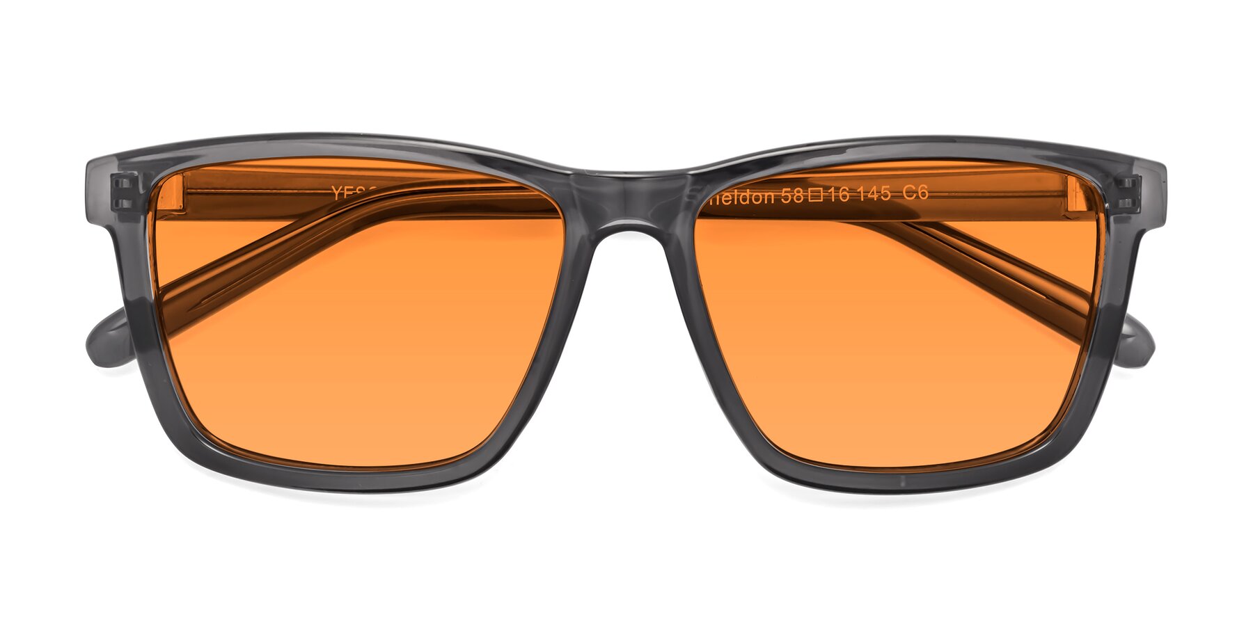Folded Front of Sheldon in Transparent Gray with Orange Tinted Lenses