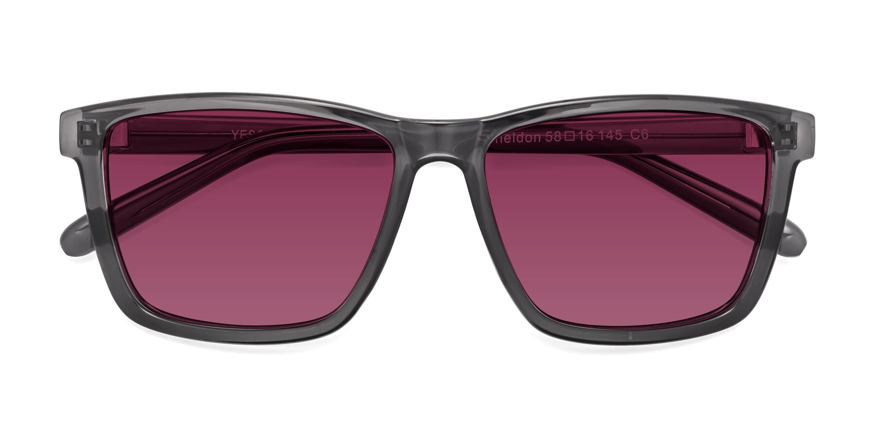 Folded Front of Sheldon in Transparent Gray with Wine Tinted Lenses