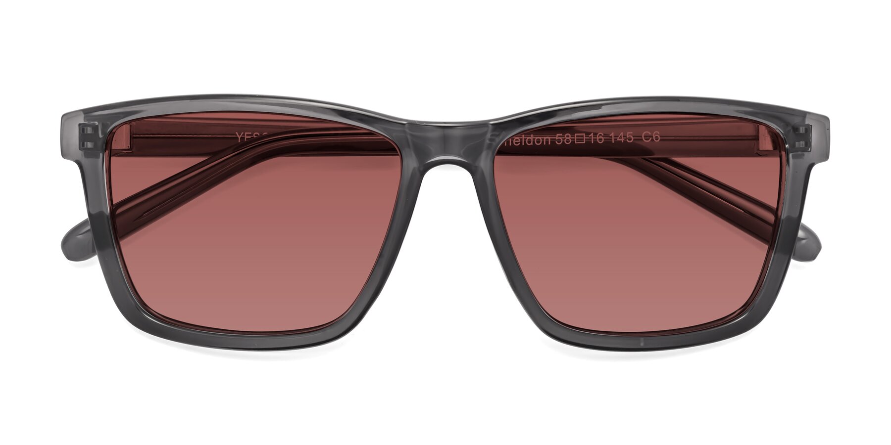 Folded Front of Sheldon in Transparent Gray with Garnet Tinted Lenses