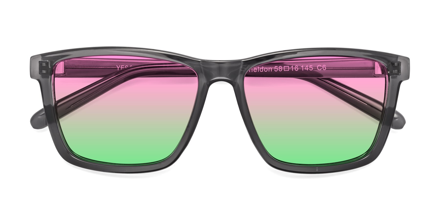 Folded Front of Sheldon in Transparent Gray with Pink / Green Gradient Lenses