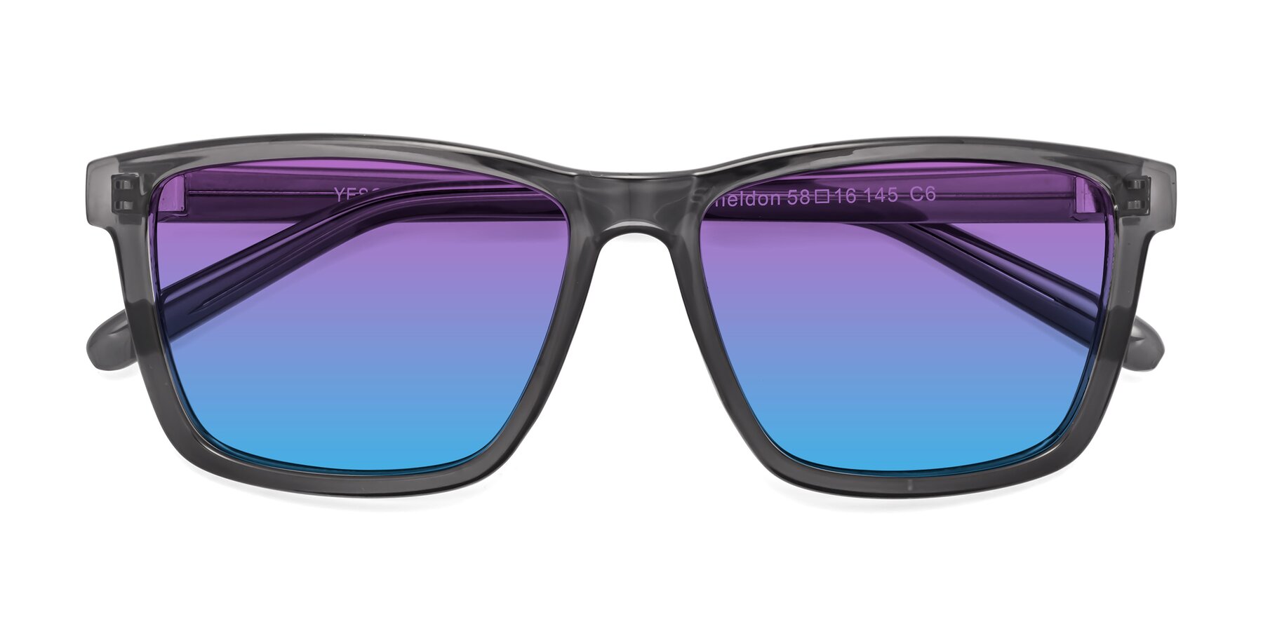 Folded Front of Sheldon in Transparent Gray with Purple / Blue Gradient Lenses