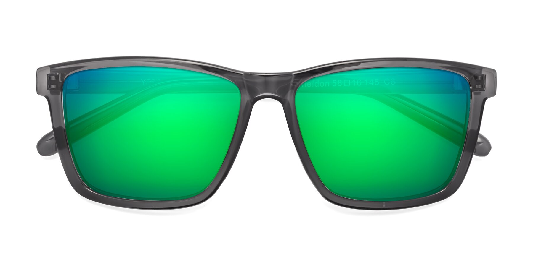 Folded Front of Sheldon in Transparent Gray with Green Mirrored Lenses