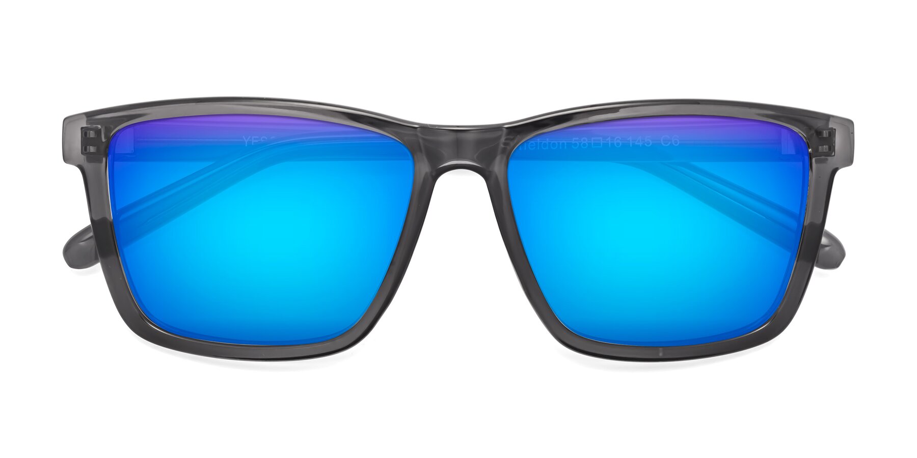 Folded Front of Sheldon in Transparent Gray with Blue Mirrored Lenses