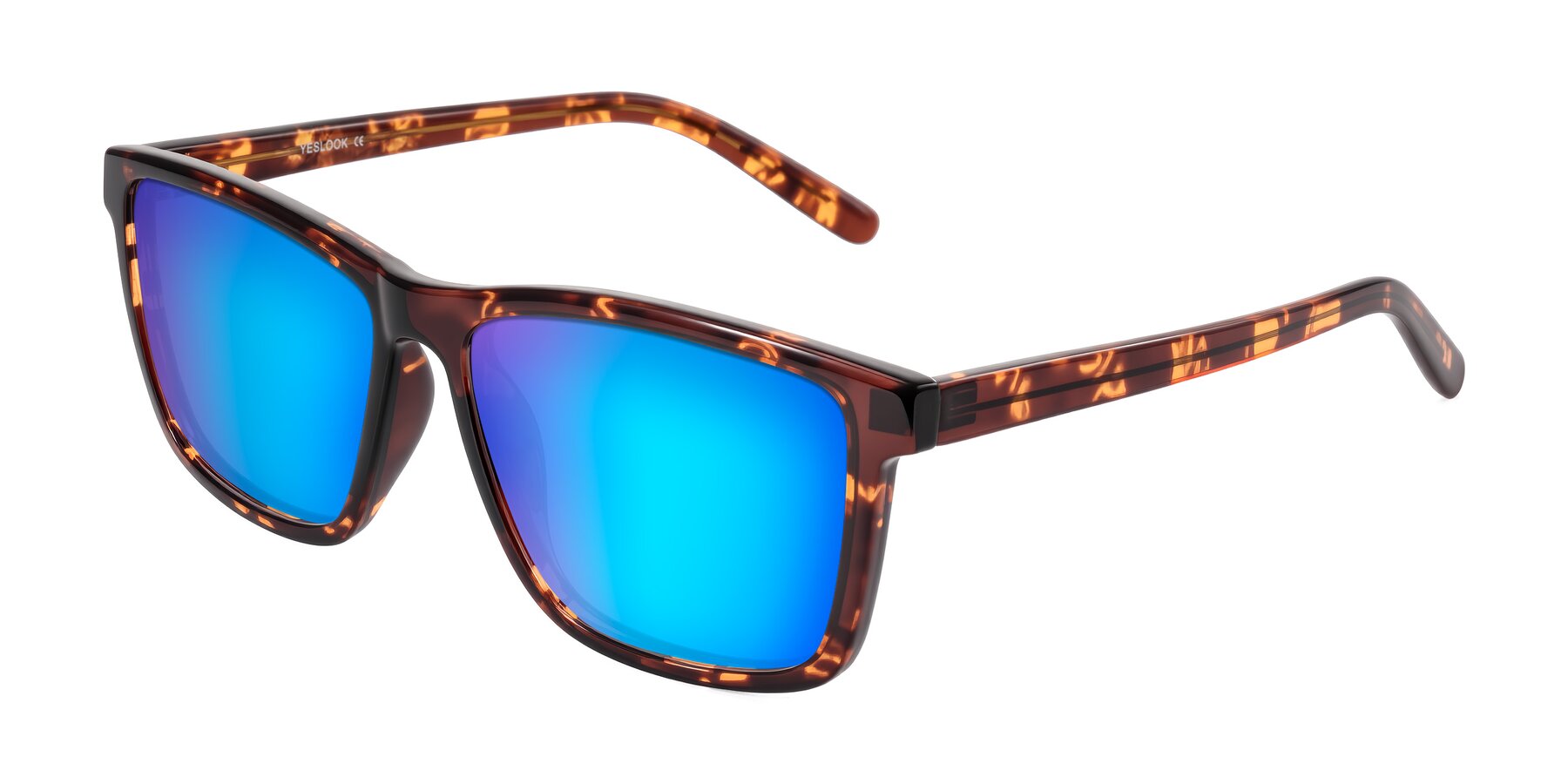 Angle of Sheldon in Tortoise with Blue Mirrored Lenses