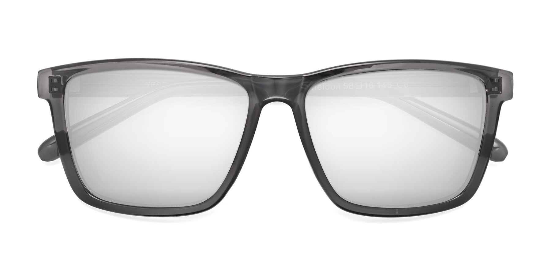 Folded Front of Sheldon in Transparent Gray with Silver Mirrored Lenses