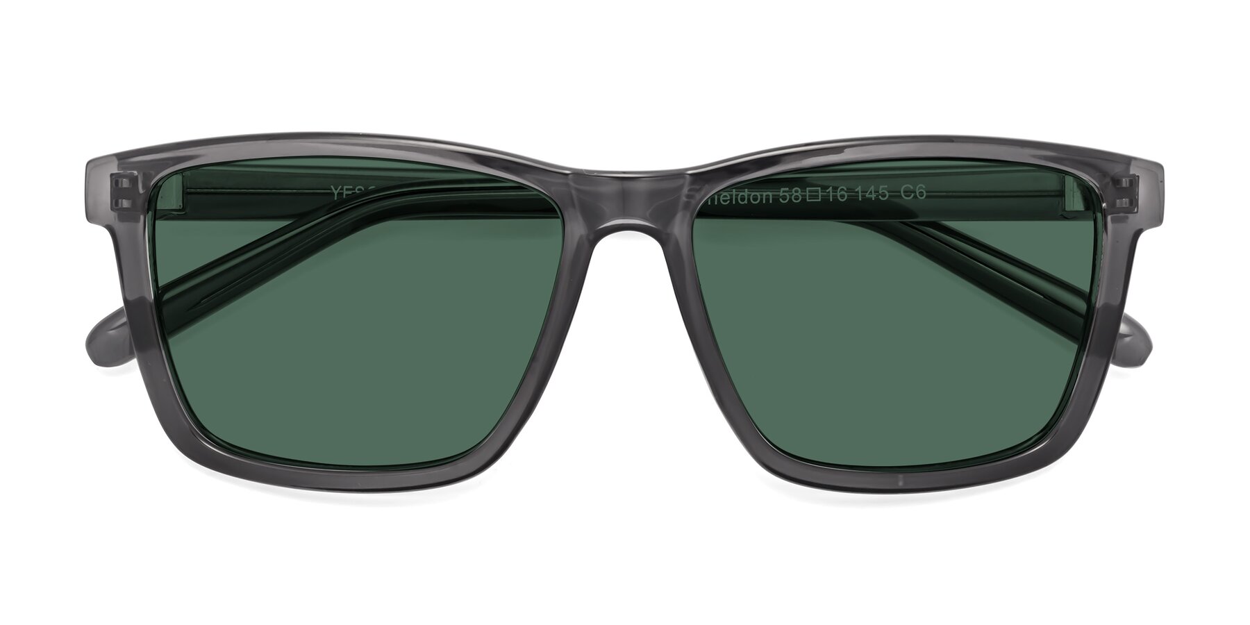 Folded Front of Sheldon in Transparent Gray with Green Polarized Lenses