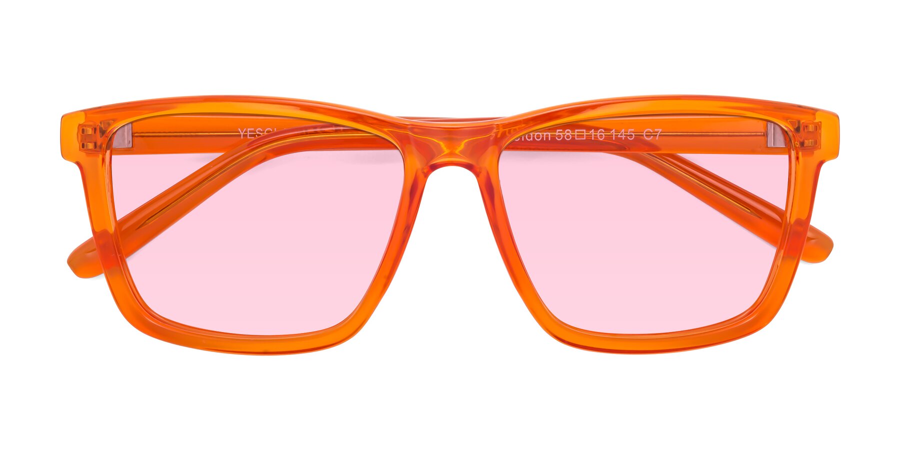 Folded Front of Sheldon in Orange with Light Pink Tinted Lenses