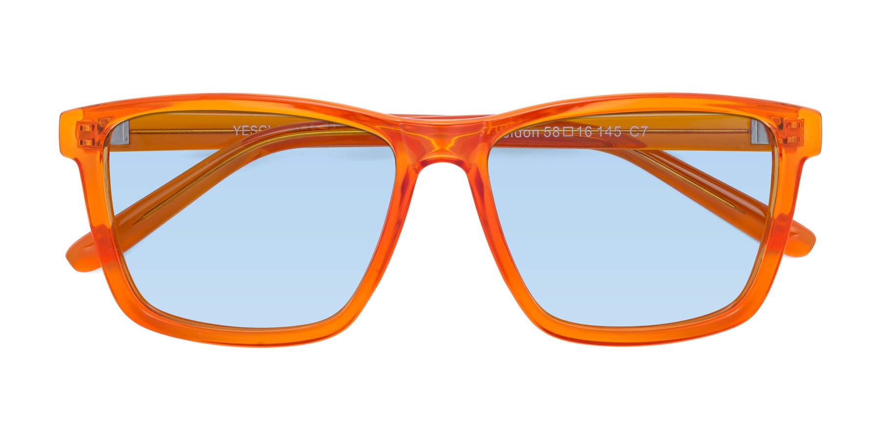 Folded Front of Sheldon in Orange with Light Blue Tinted Lenses