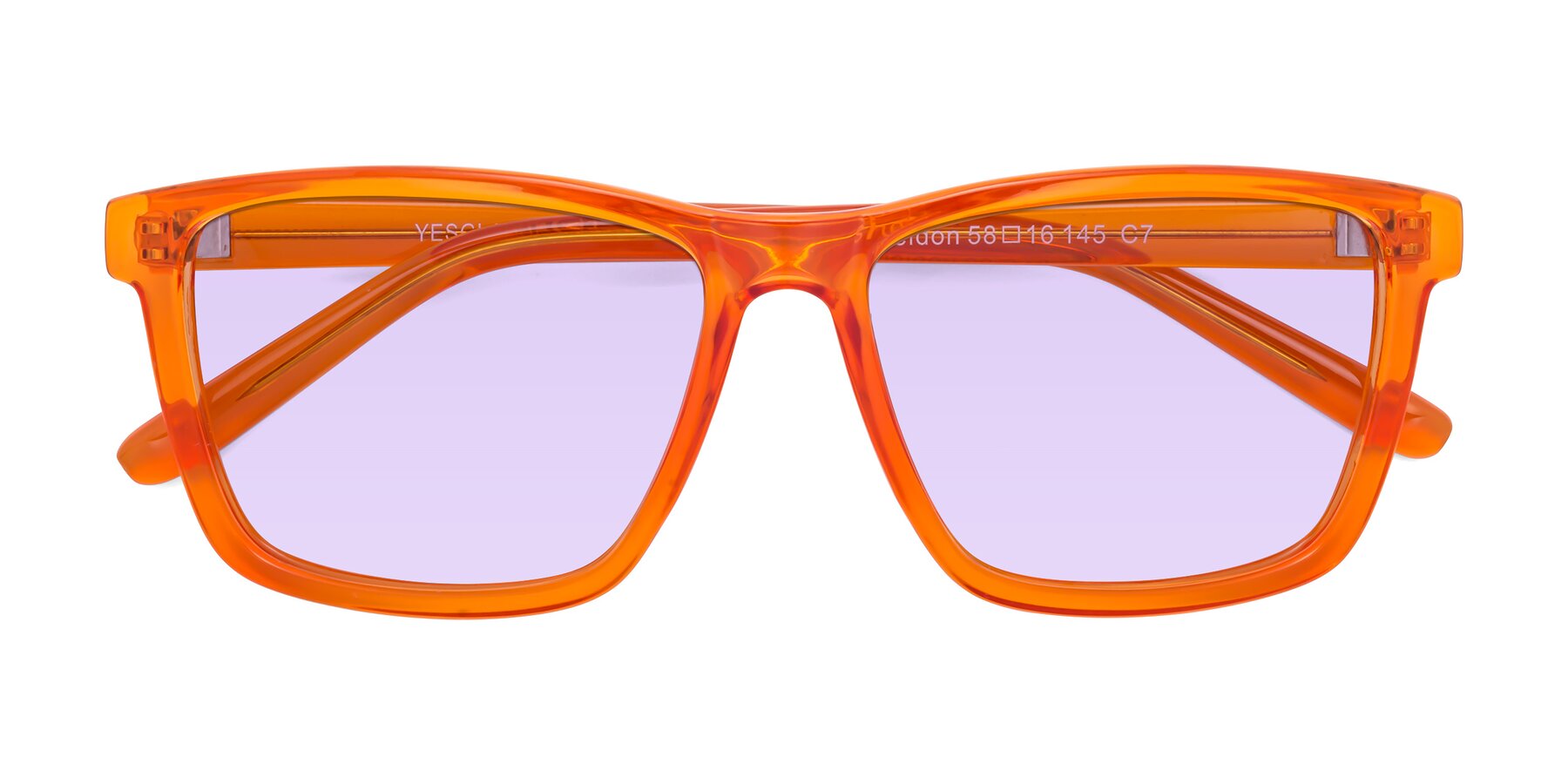 Folded Front of Sheldon in Orange with Light Purple Tinted Lenses