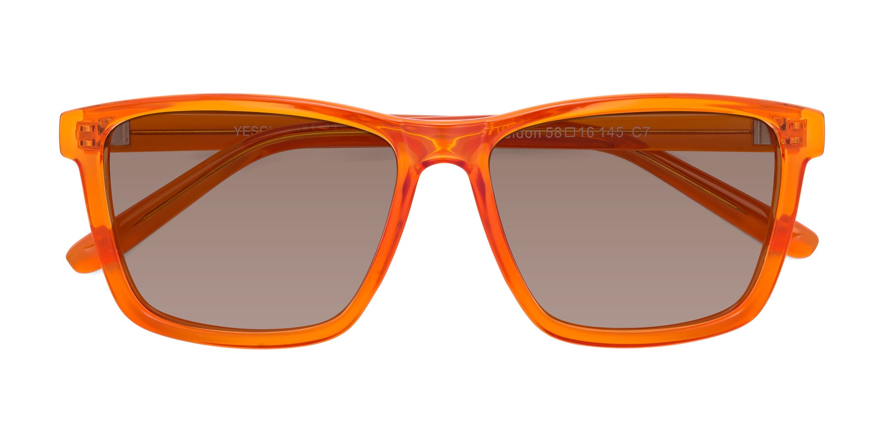 Folded Front of Sheldon in Orange with Medium Brown Tinted Lenses