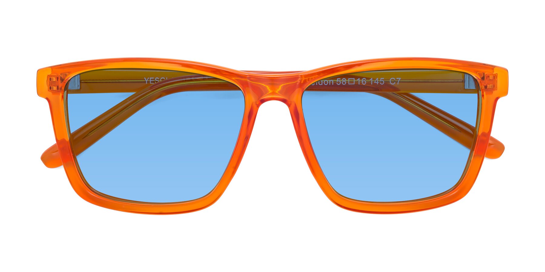 Folded Front of Sheldon in Orange with Medium Blue Tinted Lenses