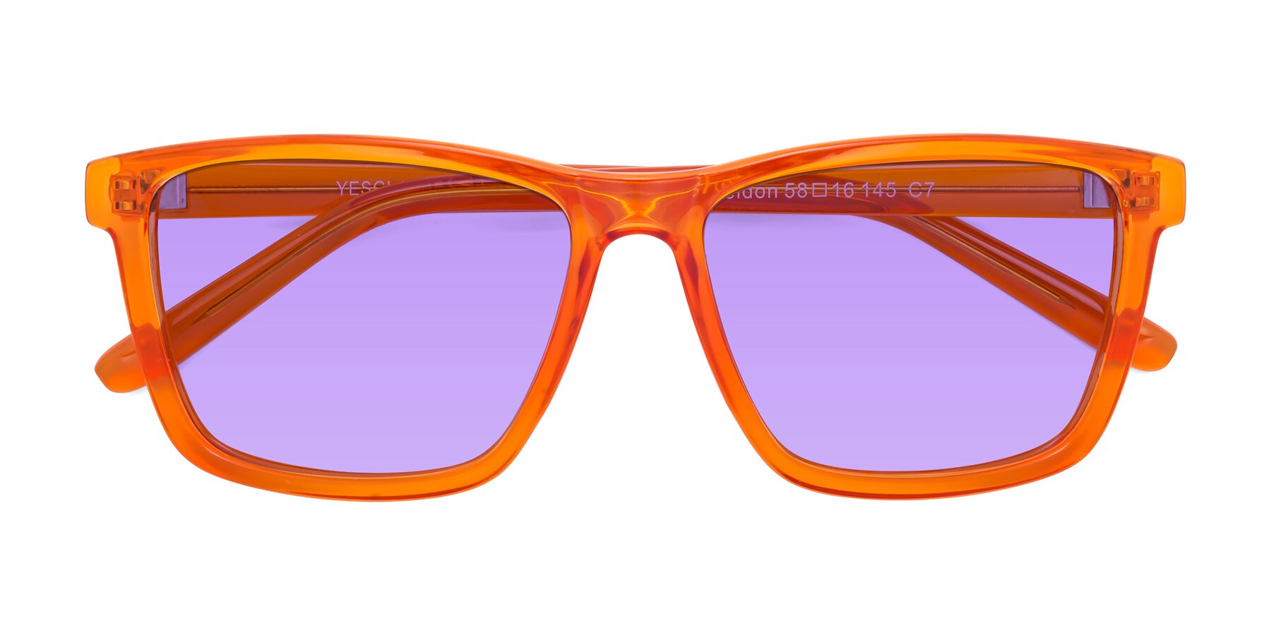Folded Front of Sheldon in Orange with Medium Purple Tinted Lenses