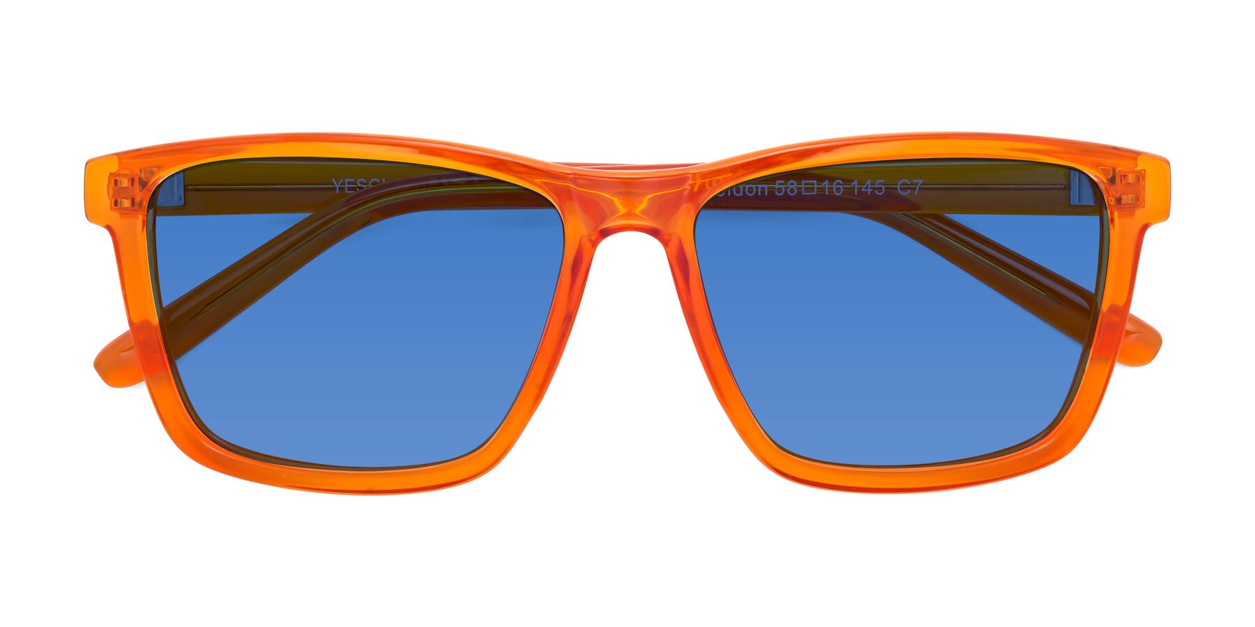 Folded Front of Sheldon in Orange with Blue Tinted Lenses