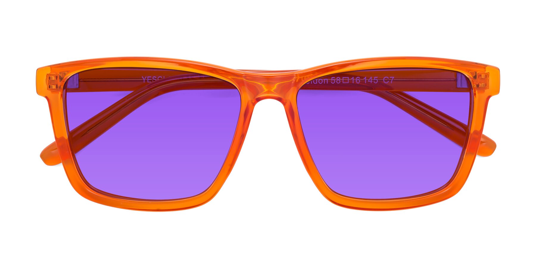 Folded Front of Sheldon in Orange with Purple Tinted Lenses