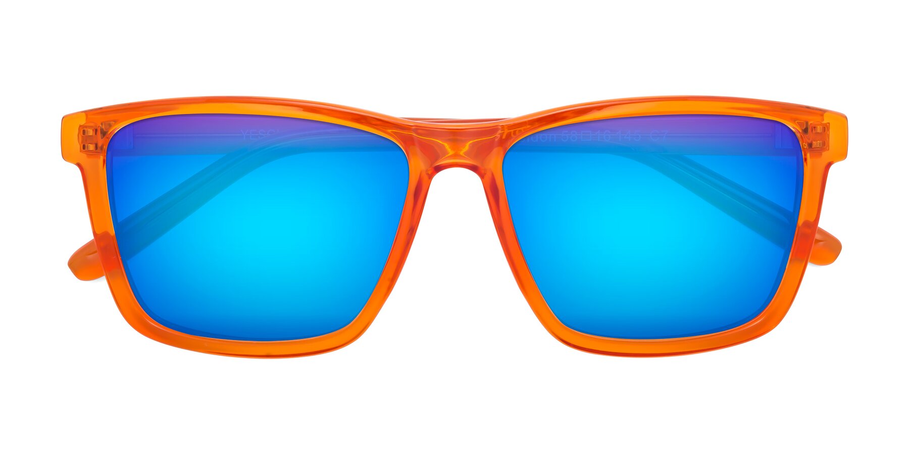 Folded Front of Sheldon in Orange with Blue Mirrored Lenses