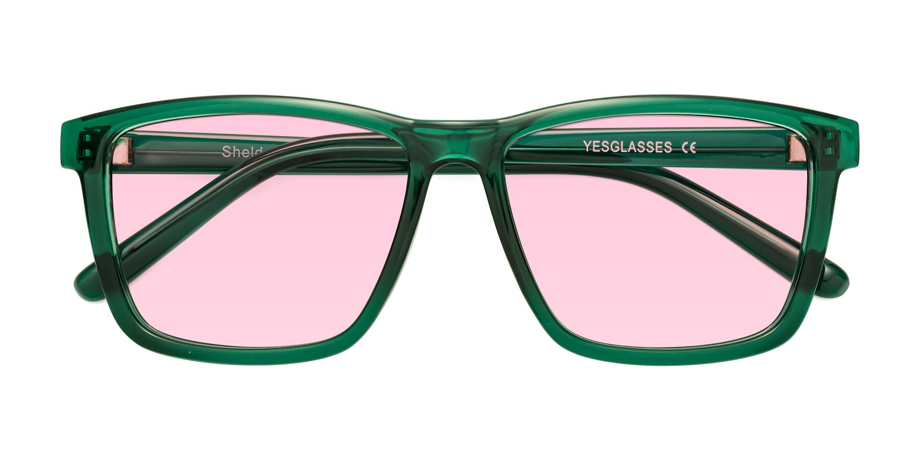 Folded Front of Sheldon in Green with Light Pink Tinted Lenses