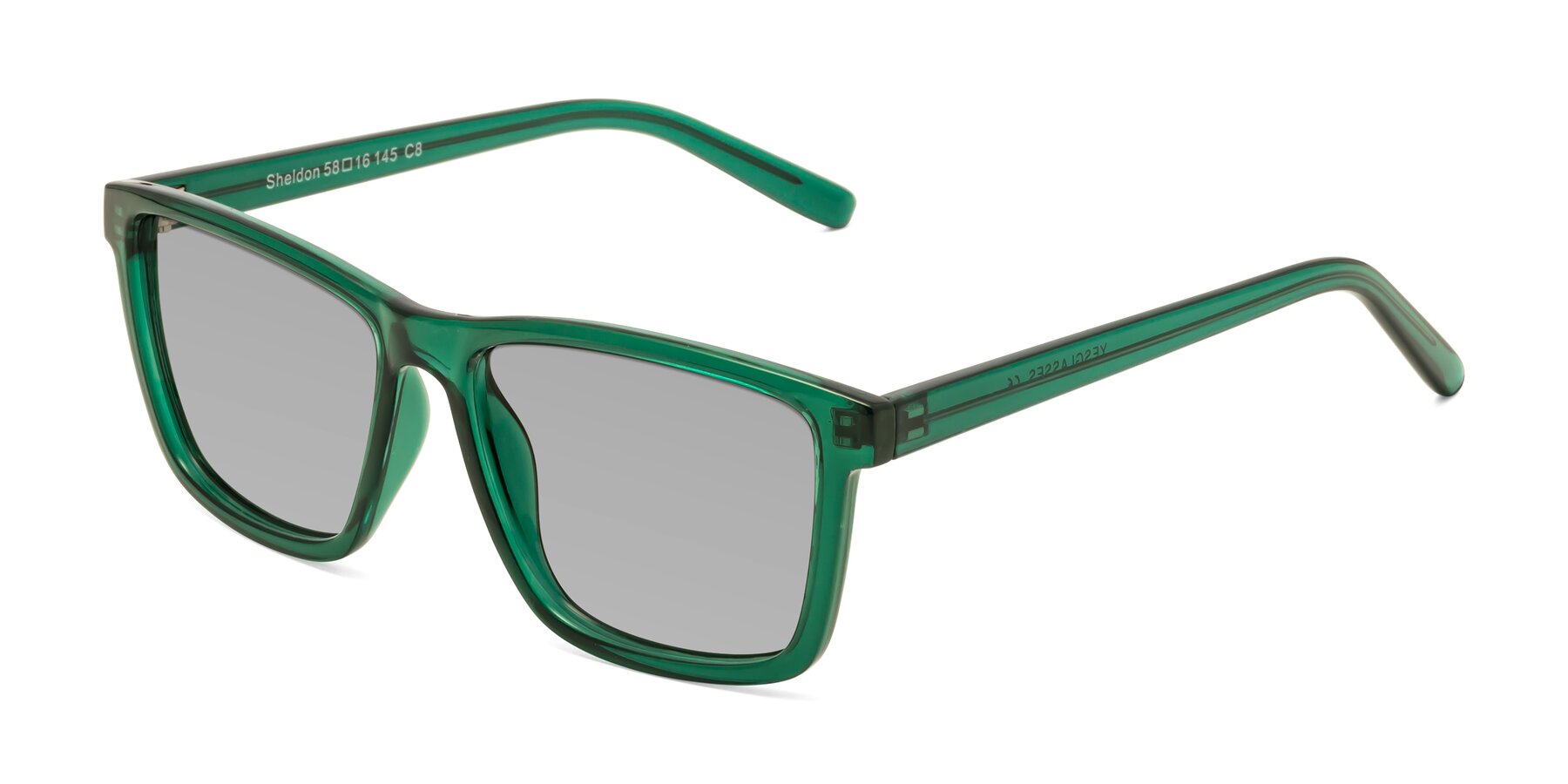 Angle of Sheldon in Green with Light Gray Tinted Lenses