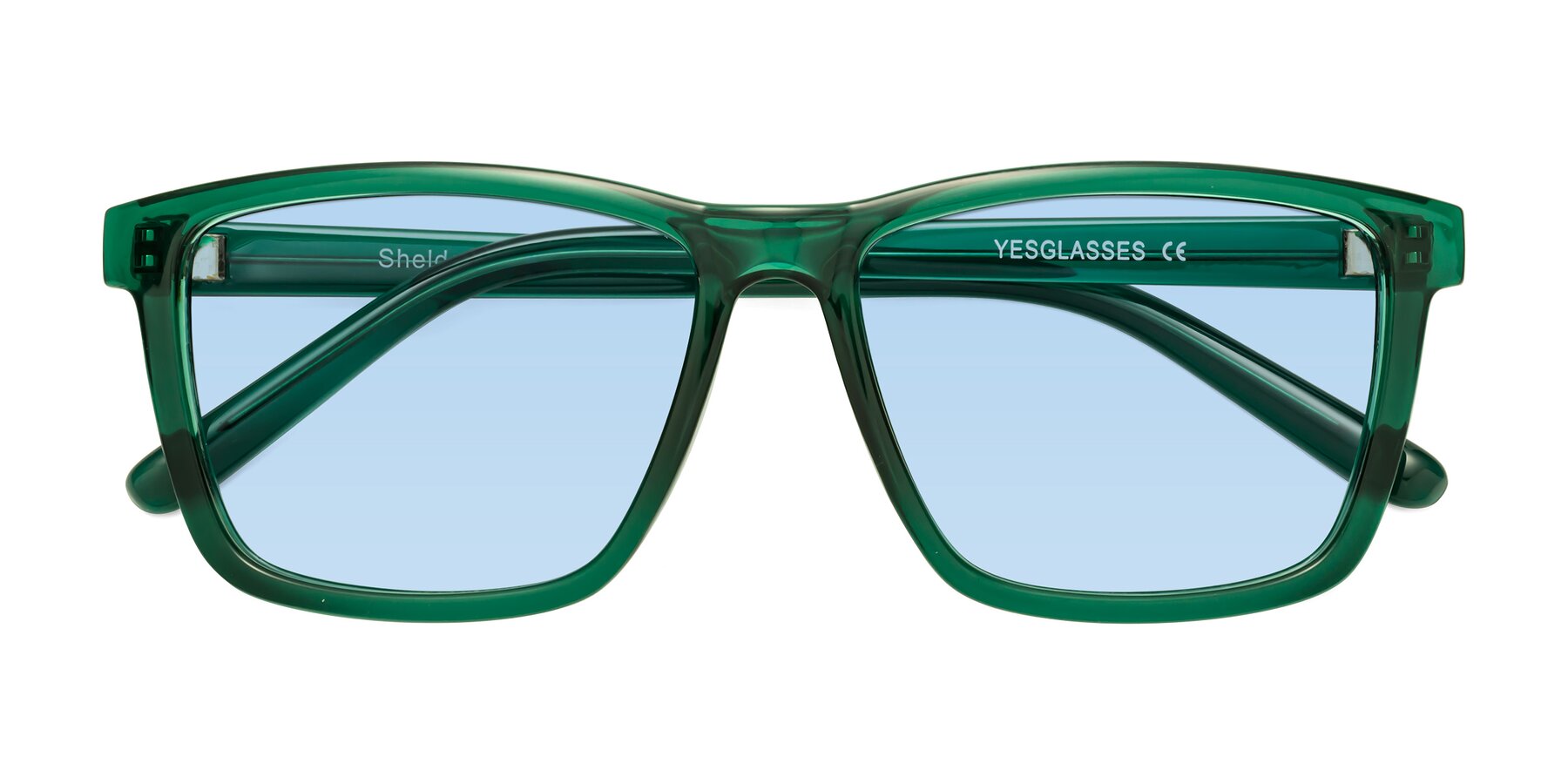 Folded Front of Sheldon in Green with Light Blue Tinted Lenses