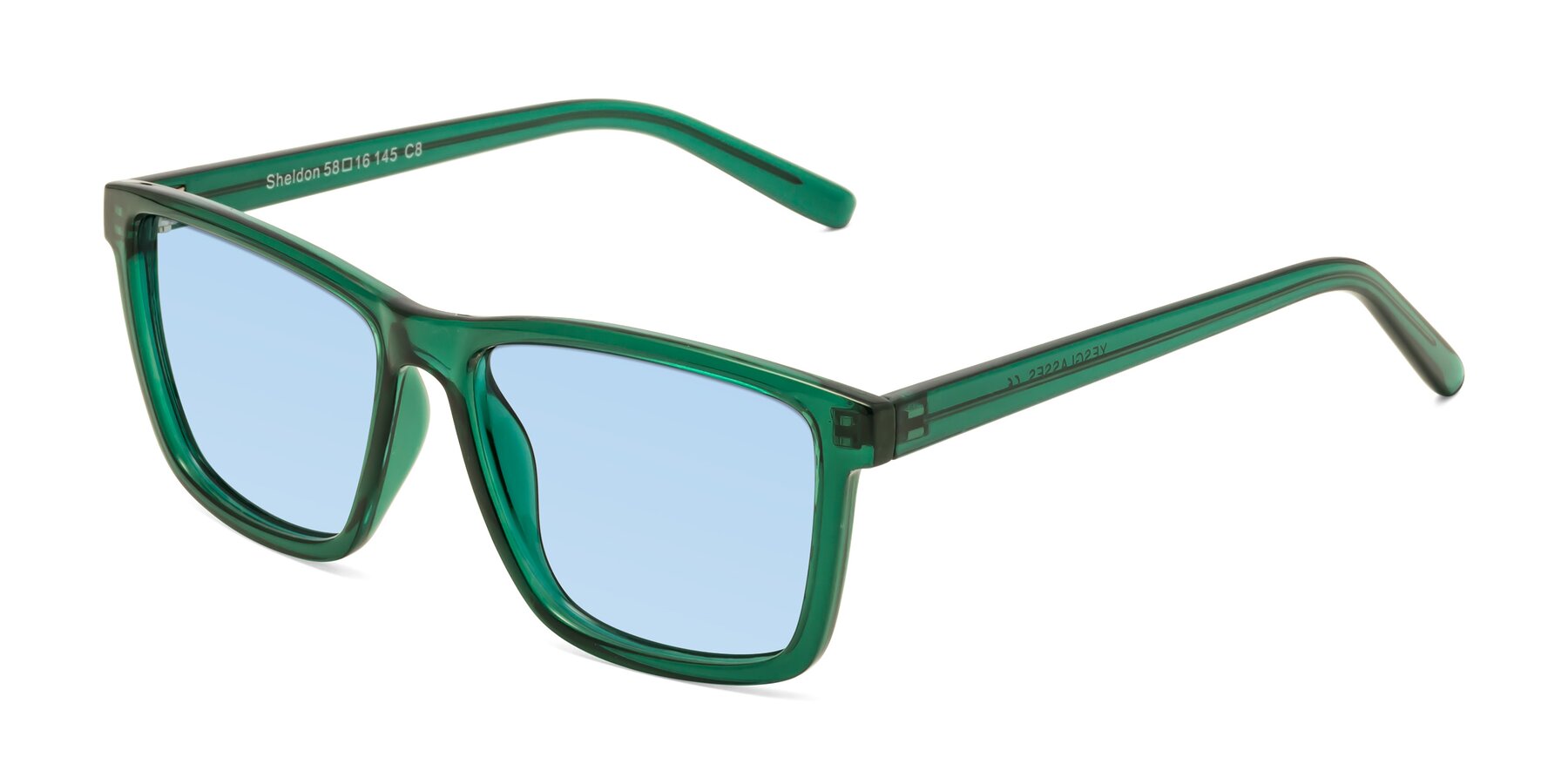 Angle of Sheldon in Green with Light Blue Tinted Lenses