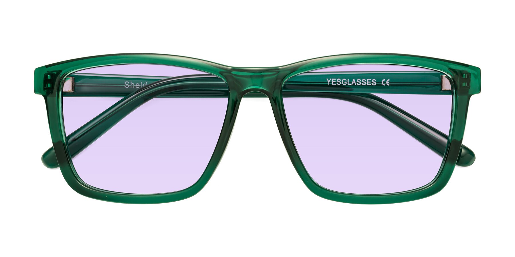 Folded Front of Sheldon in Green with Light Purple Tinted Lenses